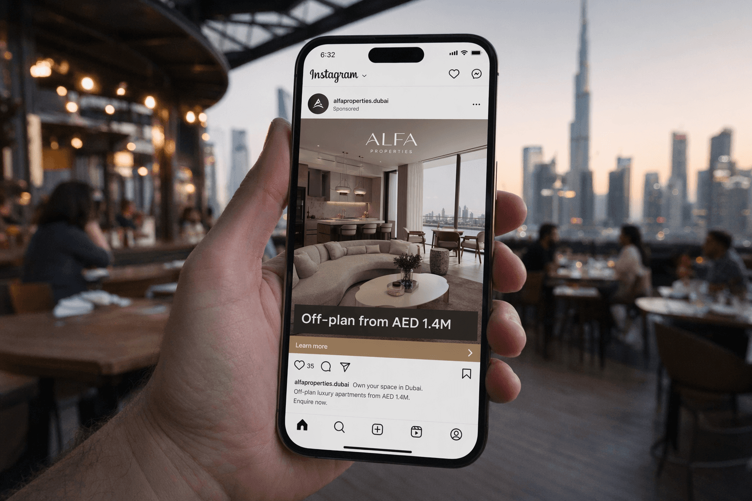 Alfa Properties creative — four Meta Ads real estate mockups for CIS/Europe/UAE