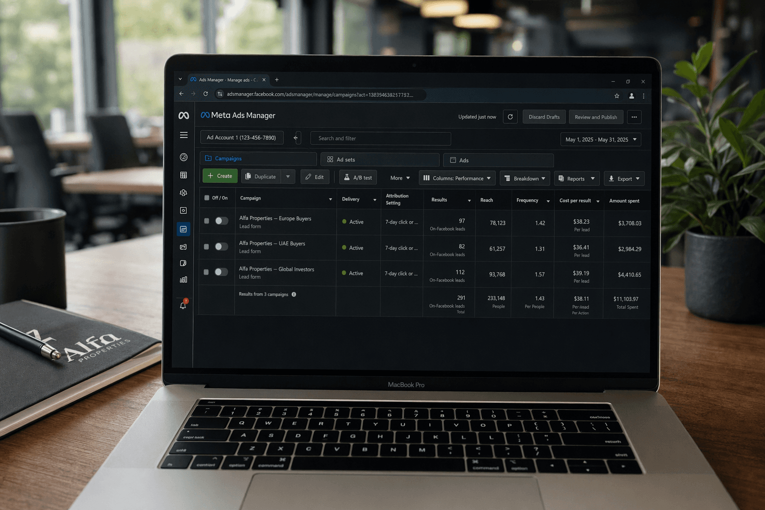 Alfa Properties Meta Ads Manager dashboard — lead form conversions and CPL metrics