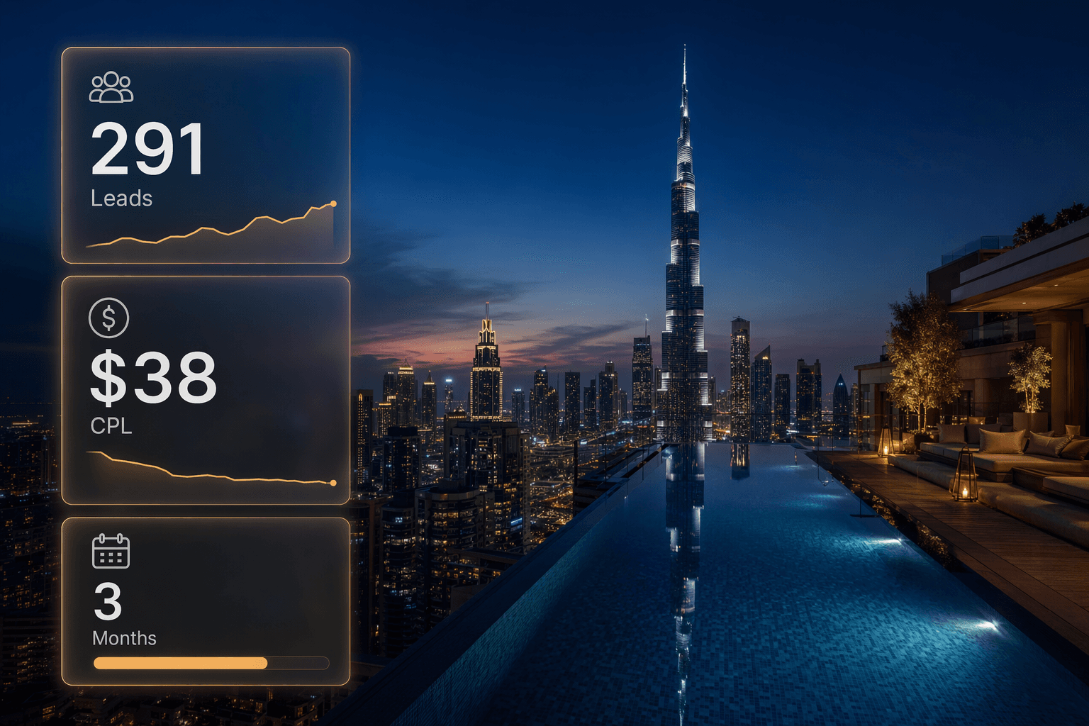 Alfa Properties hero — Dubai skyline with floating 291 leads and $38 CPL cards