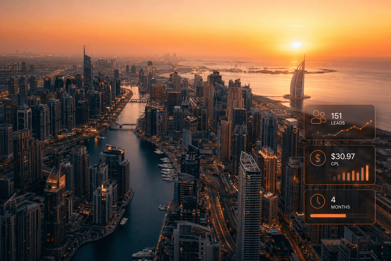 Alpha Star Dubai hero — Marina sunset with floating buyer-lead metric cards