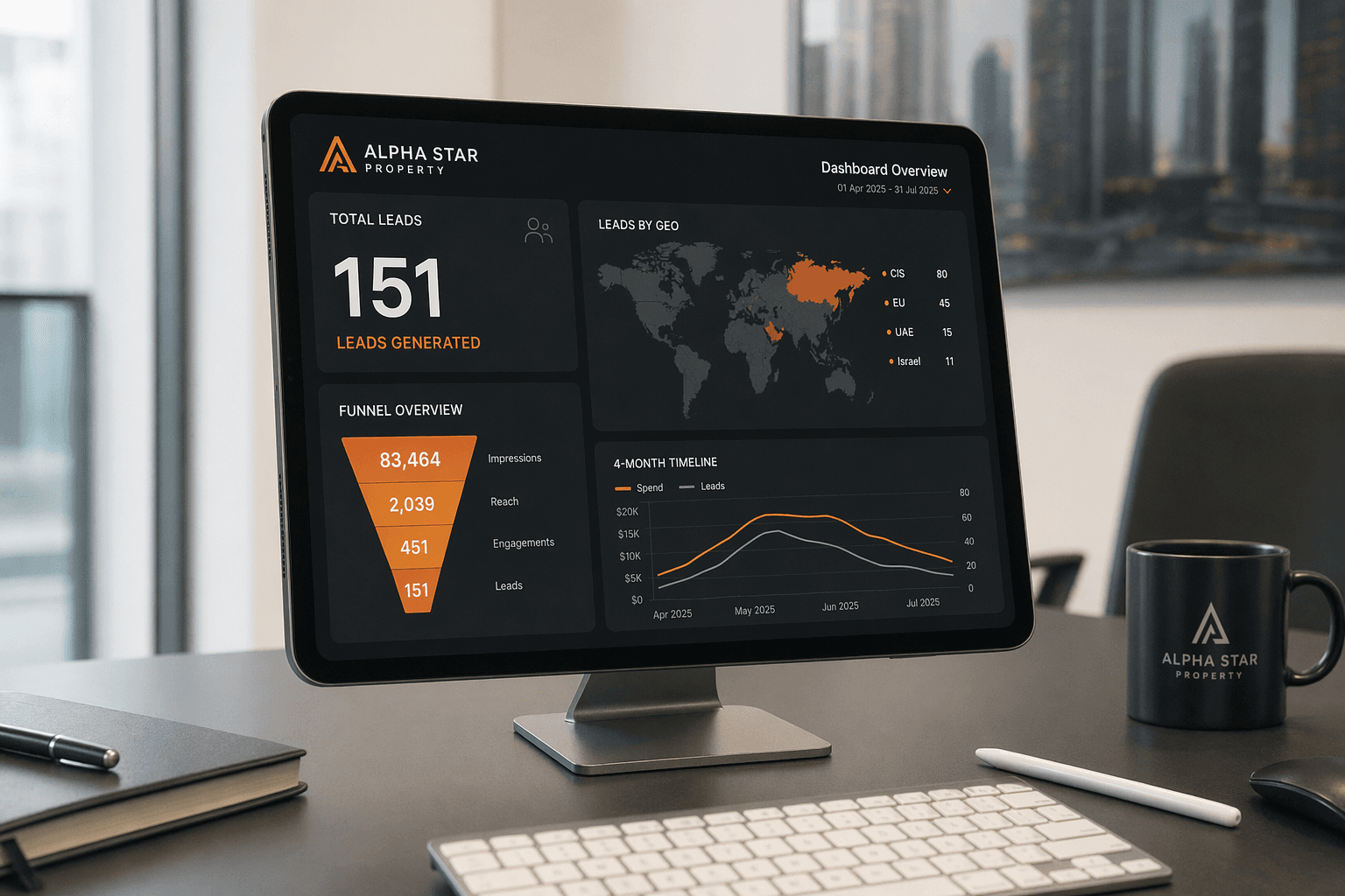 Alpha Star Dubai result — iPad analytics dashboard with 151 leads and geo map