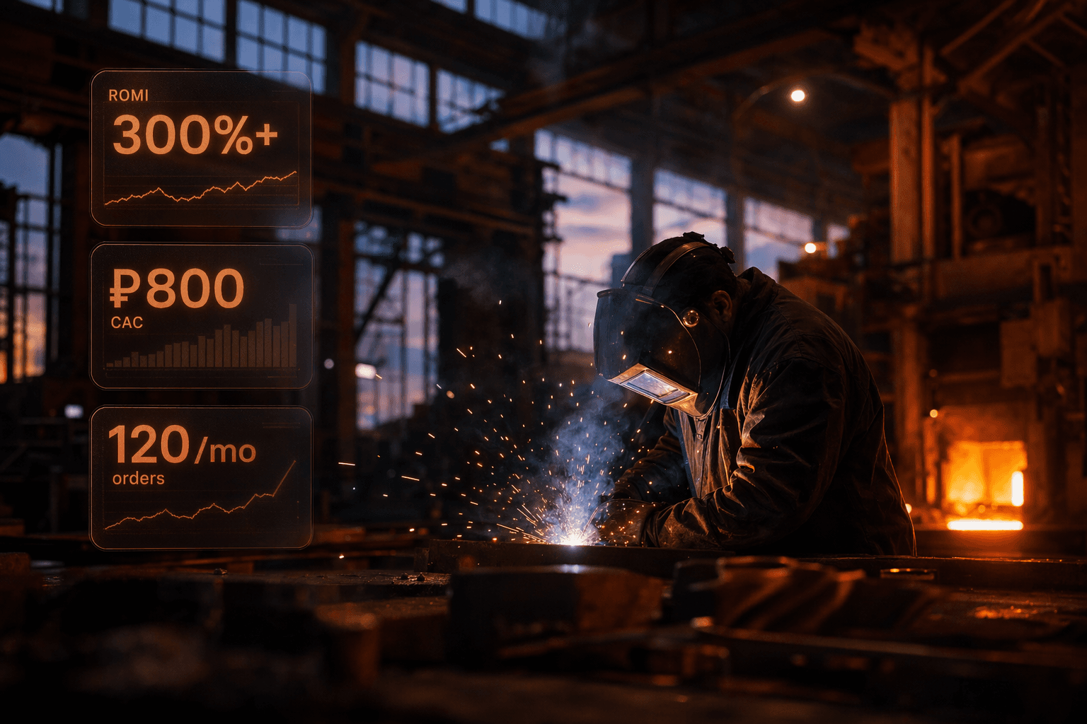 ArtMetall hero — metalwork factory at blue-hour with ROMI metric cards