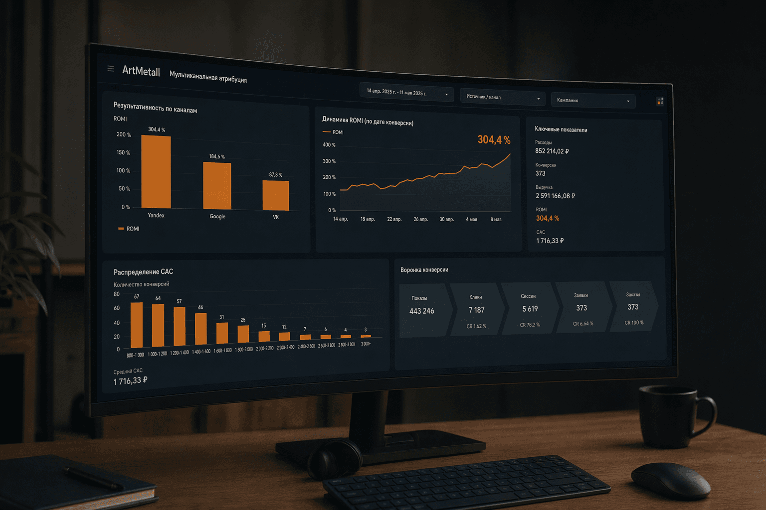 ArtMetall result — ultrawide monitor Looker Studio multi-channel attribution report