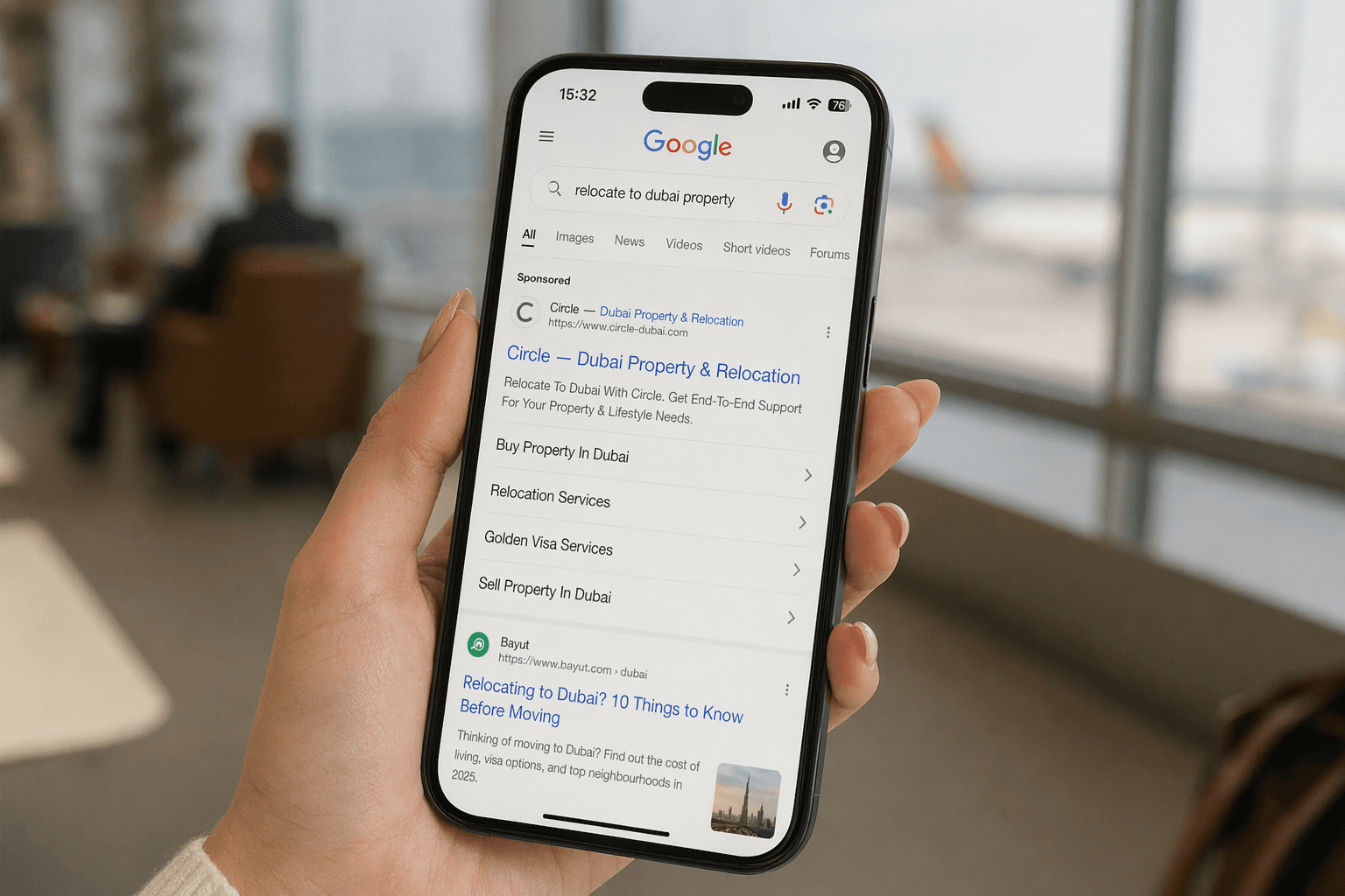 Circle creative — iPhone showing Google search with Circle sponsored ad