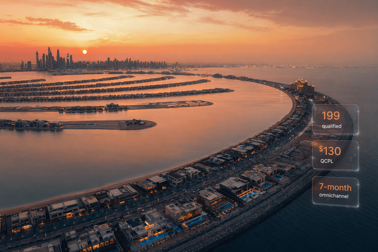 Circle hero — Palm Jumeirah Dubai aerial with qualified-lead metric cards
