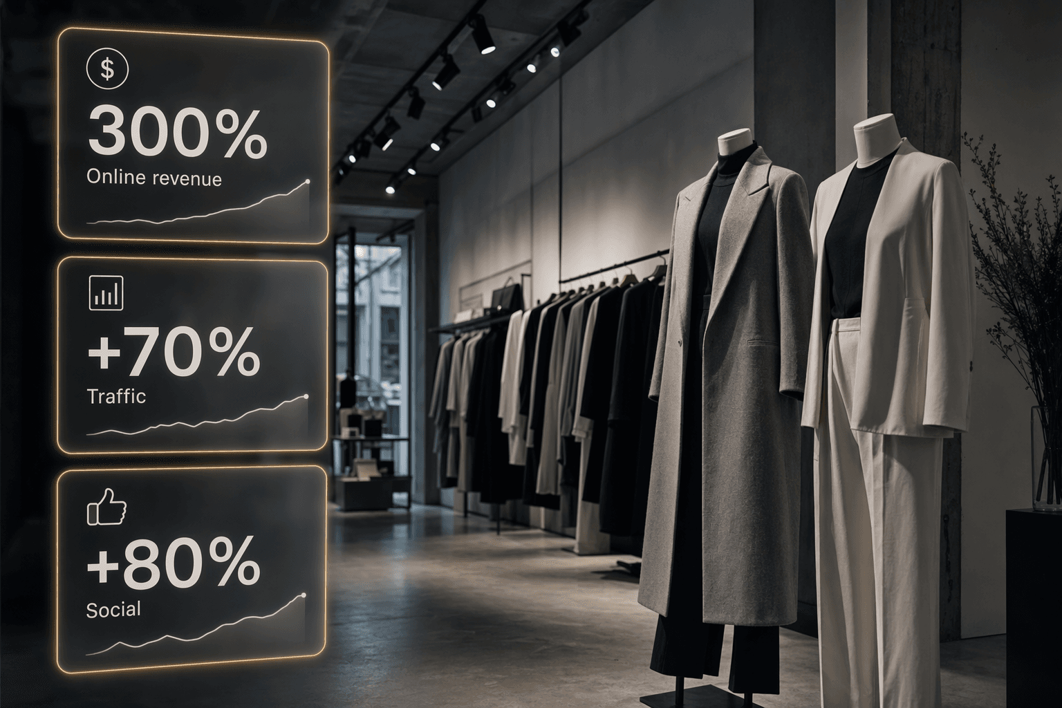 ELEGANZZA hero — fashion storefront with floating revenue and traffic metric cards