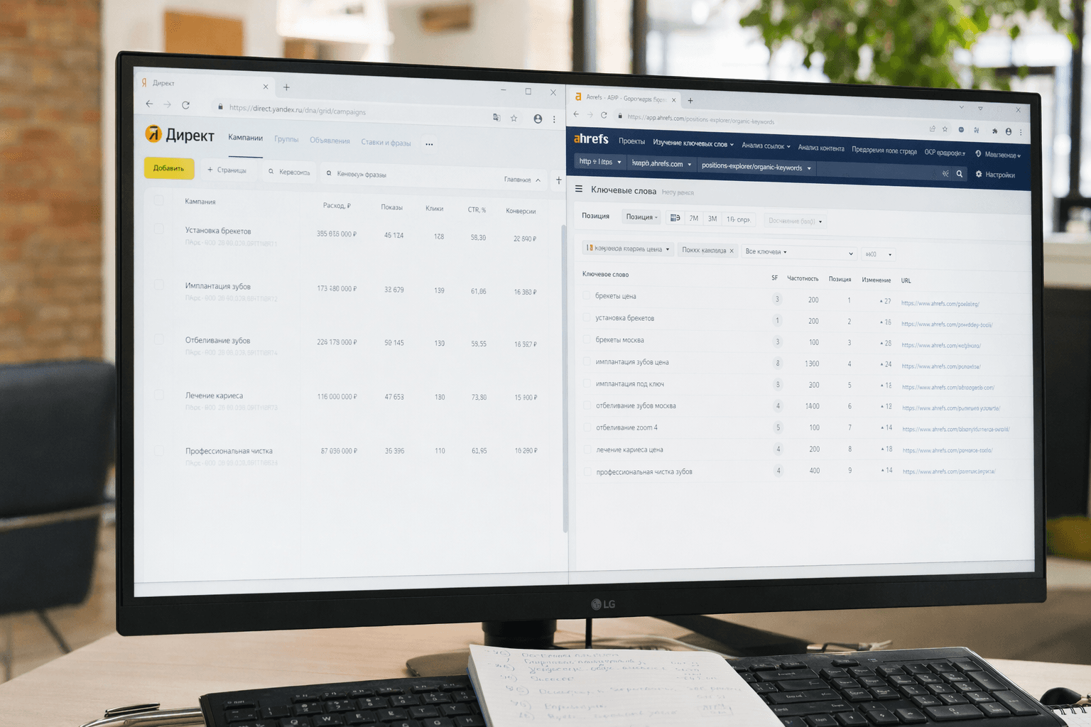 Fin-RA dashboard — Yandex keyword table + Ahrefs SEO position tracker split view