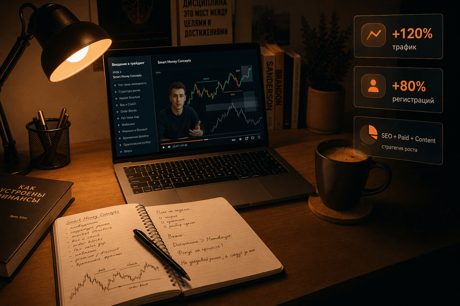 Fin-RA hero — student desk with finance course on laptop and growth metric cards