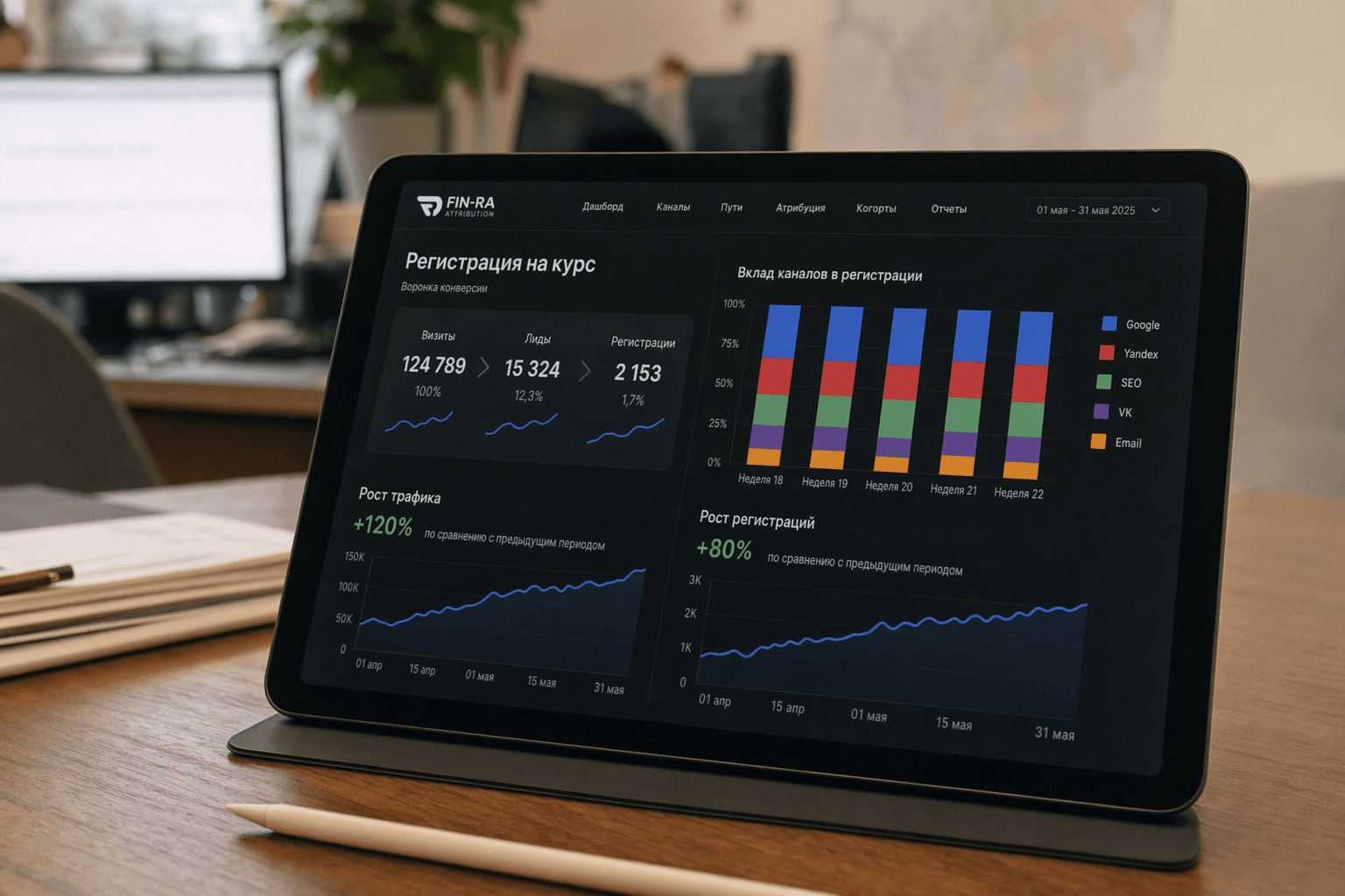 Fin-RA result — iPad showing course-registration attribution report by channel