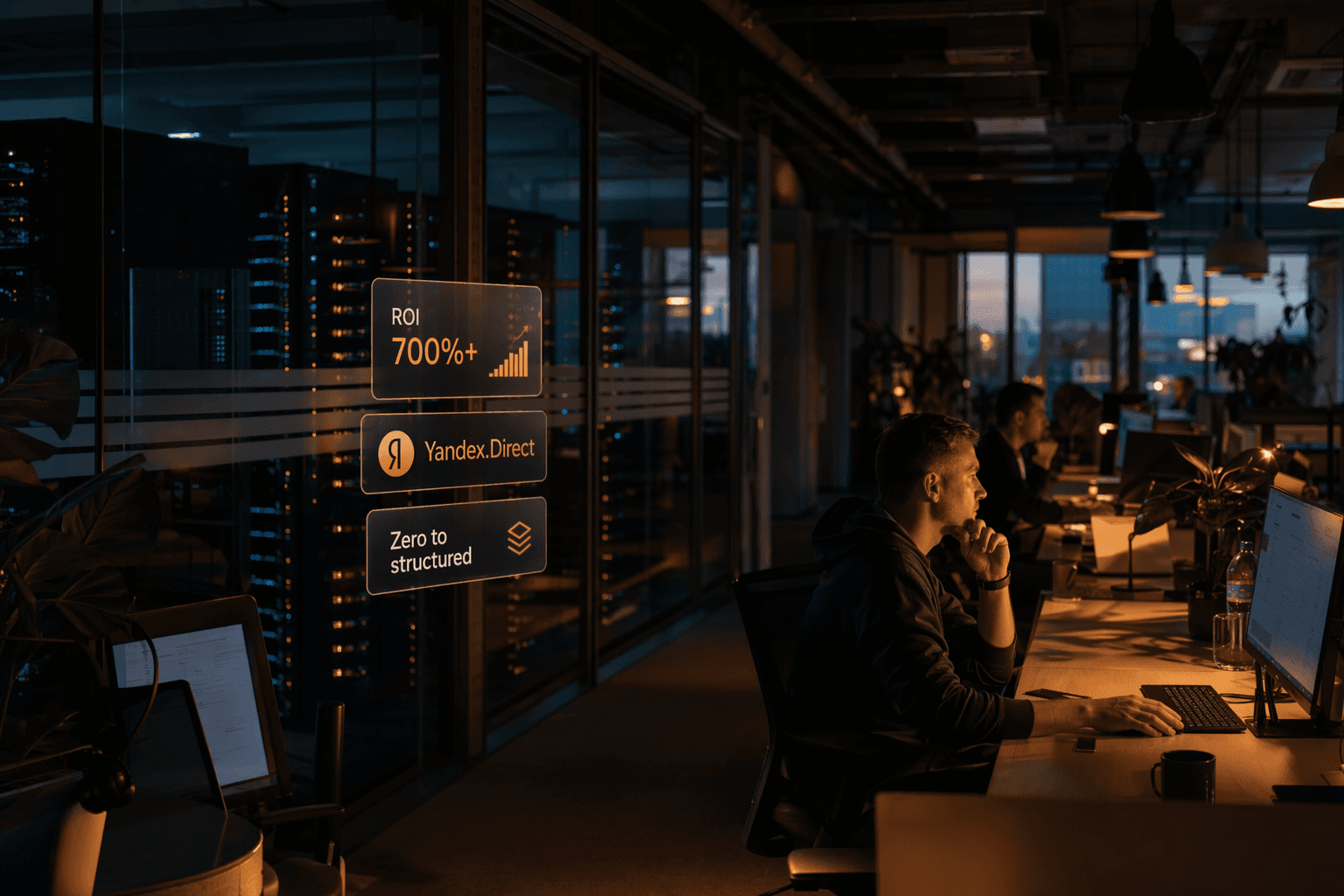 IT-B hero — IT office interior blue-hour with ROI 700%+ metric cards