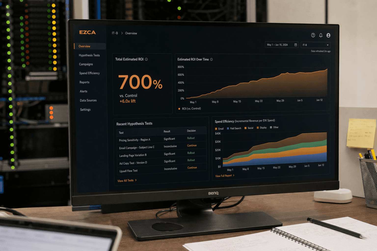 IT-B result — desktop monitor showing EZCA ROI 700%+ dashboard with hypothesis-test log