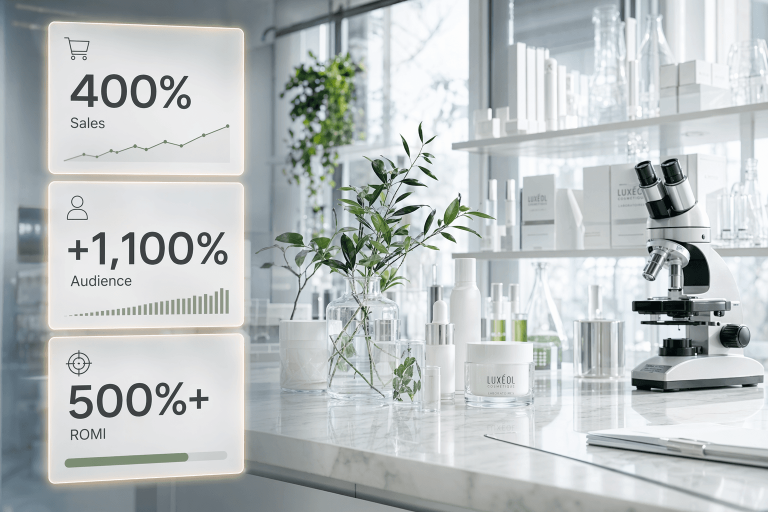 Marble Lab hero — luxury skincare lab with floating sales and audience growth cards