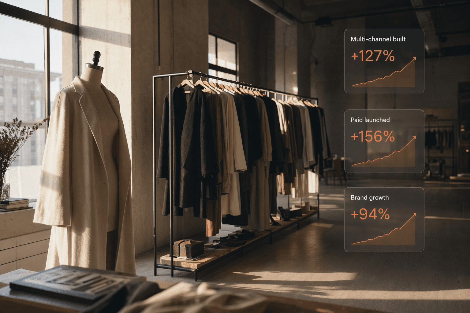 NICEONE hero — Russian fashion studio with multi-channel metric cards