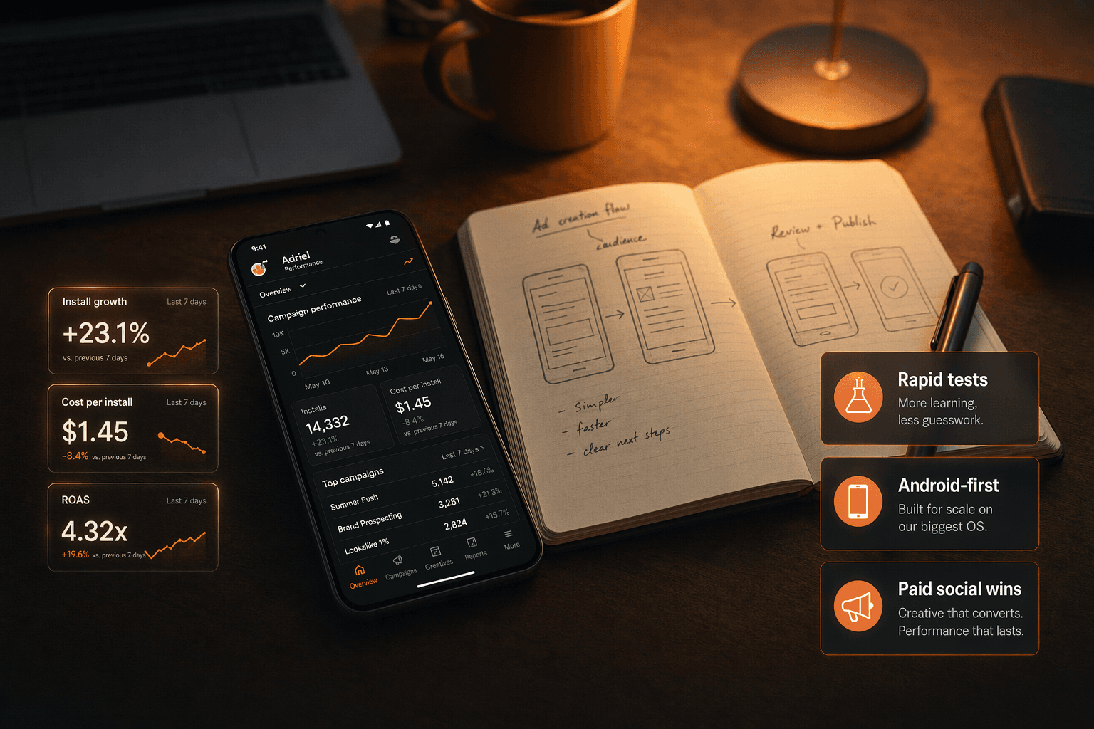 Odbo hero — Android phone on desk with app-flow sketches and test metric cards
