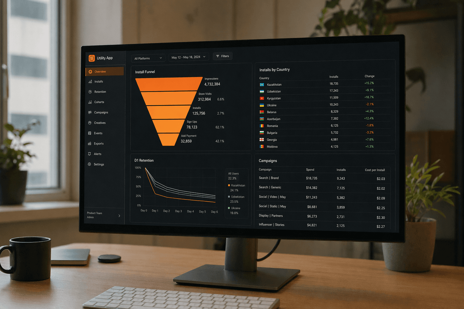 Odbo result — mobile app install funnel + geo + retention analytics