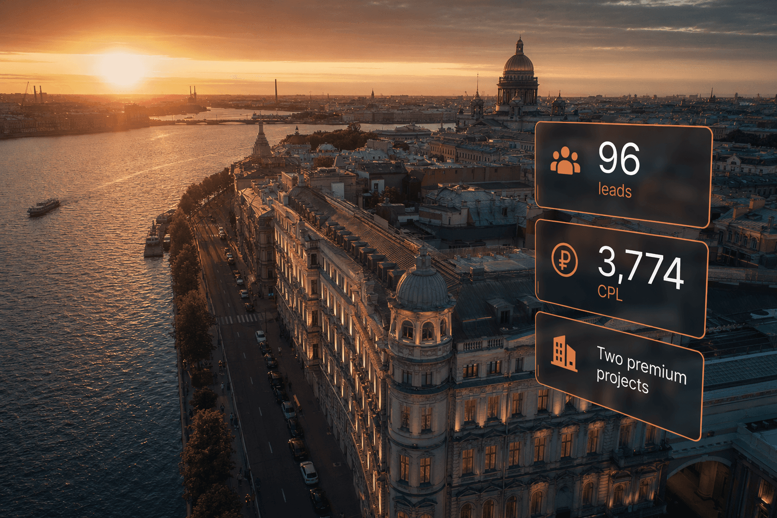 Rentaved hero — St. Petersburg skyline at golden hour with investment metric cards