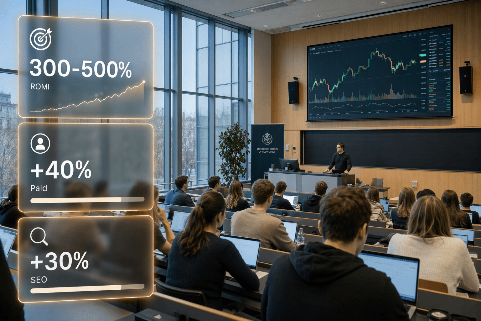 SF Education hero — online learning desk with floating ROMI and analytics cards