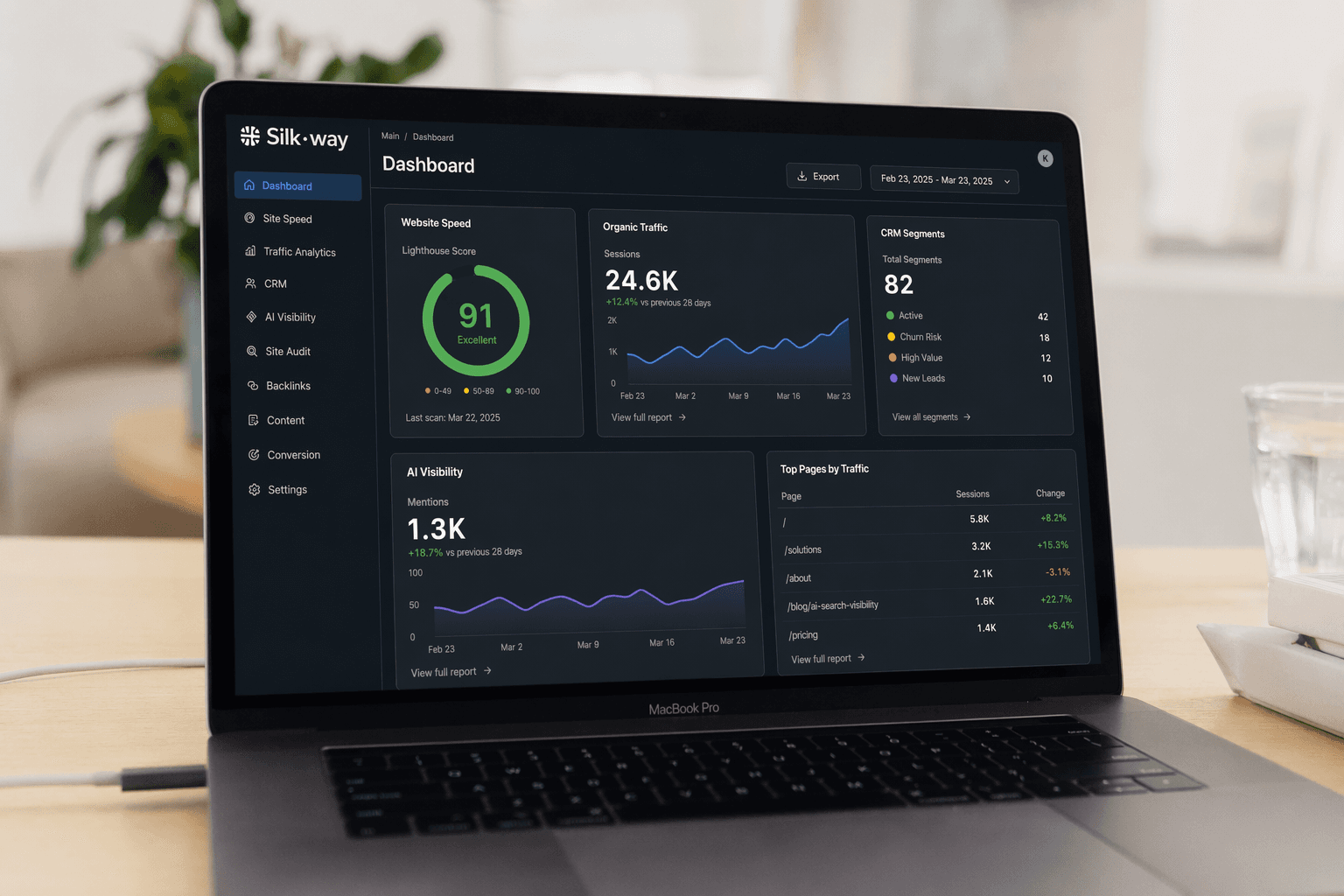 Silk-way analytics dashboard — site performance, Yandex campaigns, CRM segments
