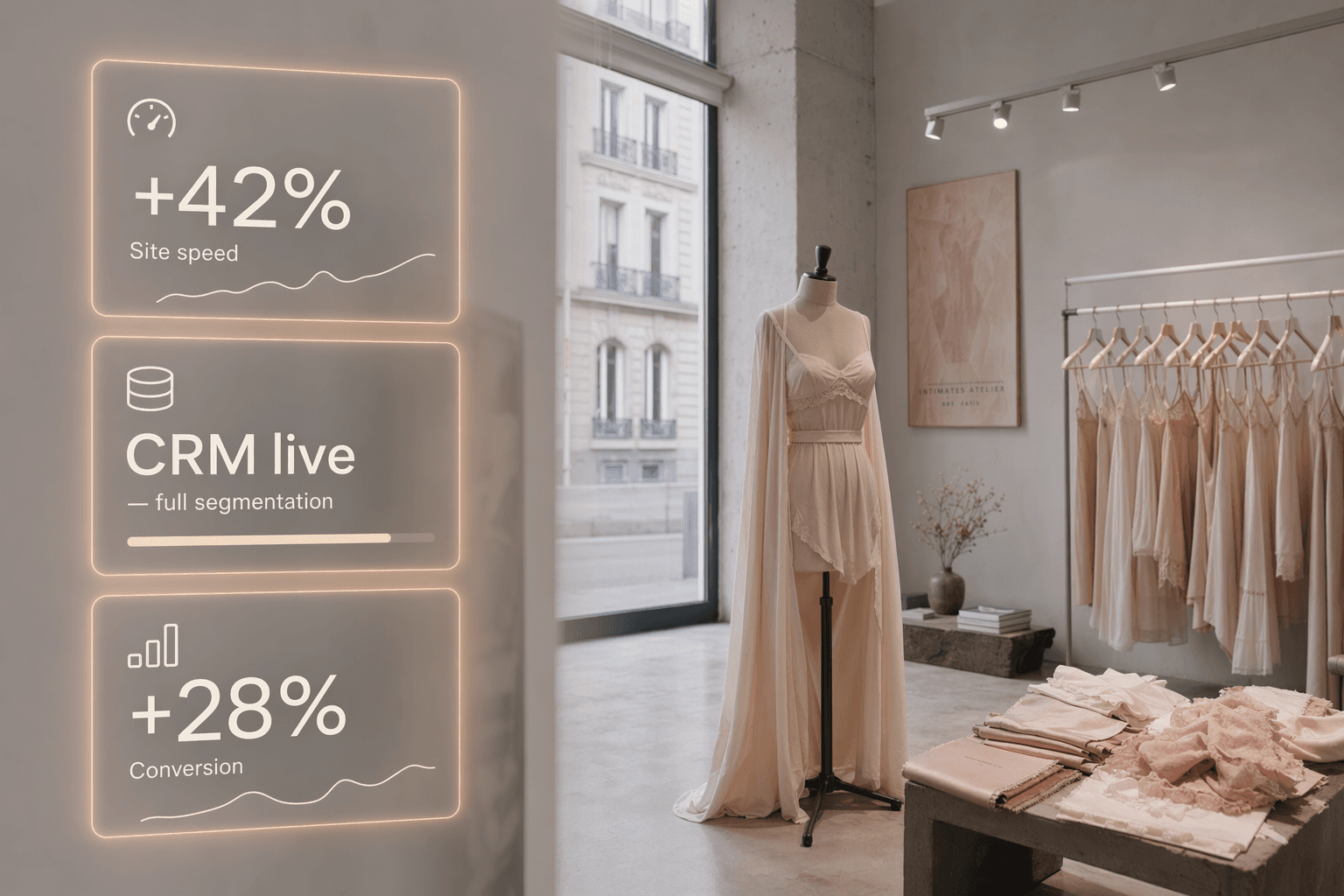 Silk-way hero — boutique showroom with floating site speed and conversion cards