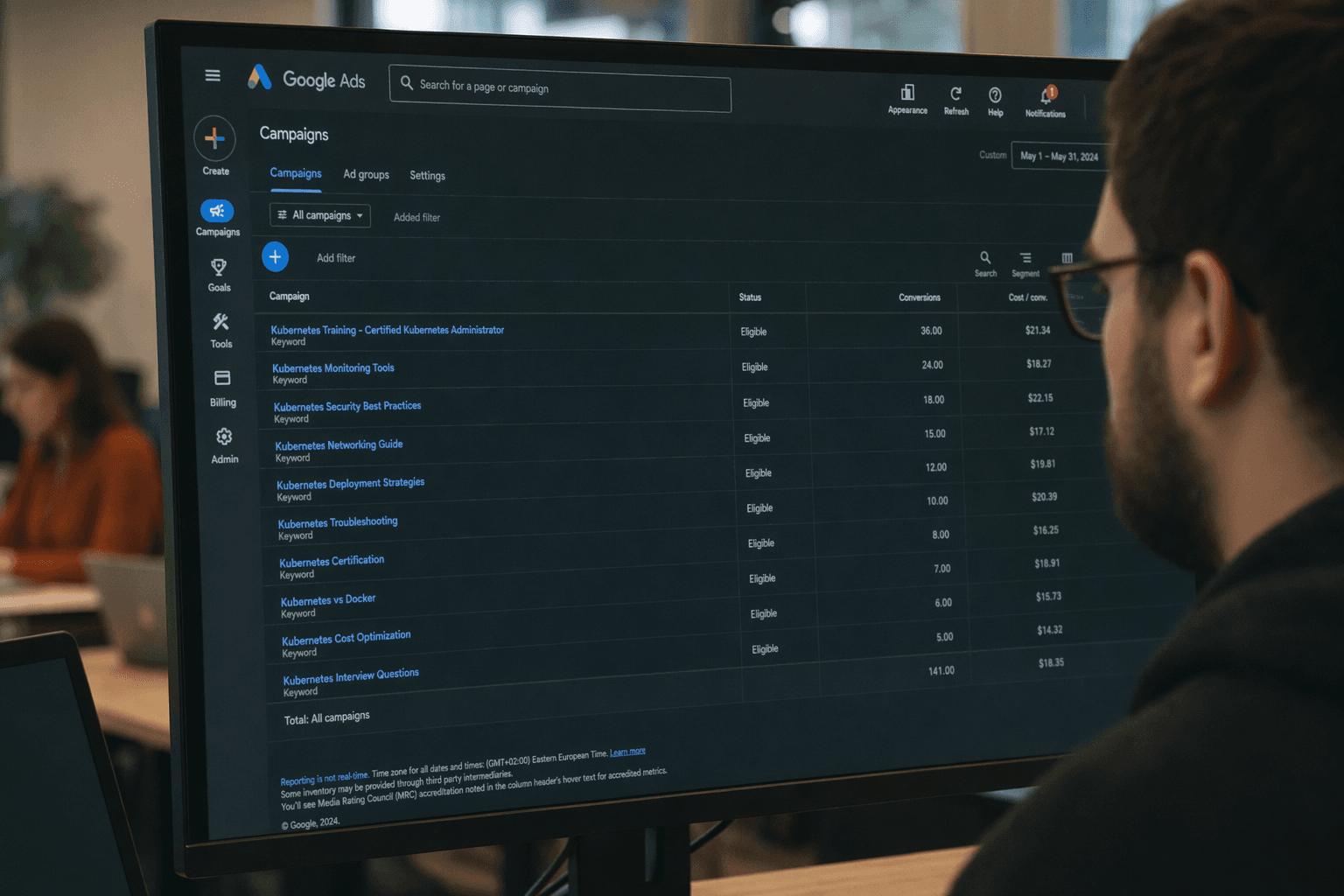 Slurm.io multi-platform ads dashboard — Kubernetes course registration conversion