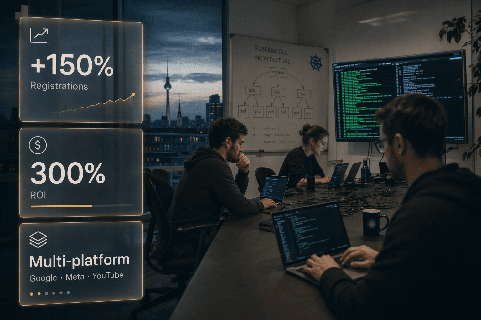 Slurm.io hero — modern tech server room with DevOps dashboard metric cards