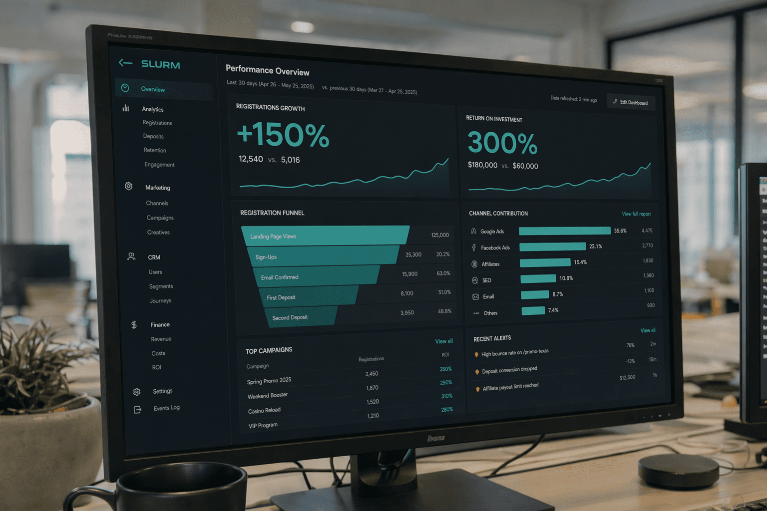 Slurm.io results dashboard — 150% registration growth, 300% ROI across platforms