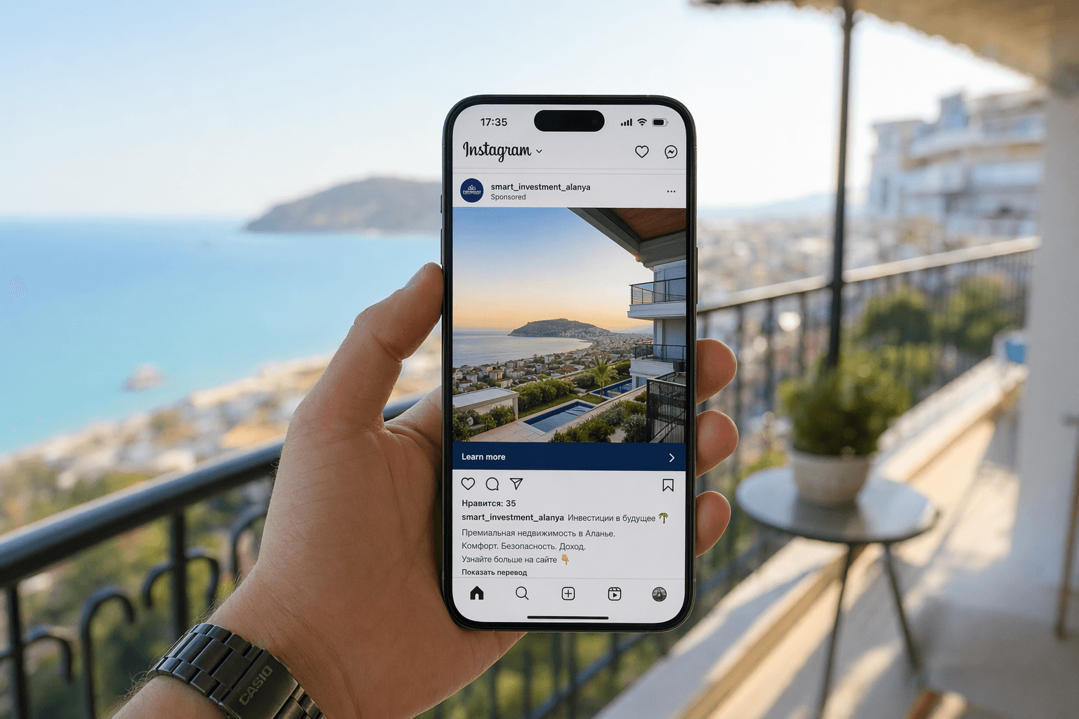 Smart Investment creative — iPhone Instagram ad for Alanya property on Mediterranean balcony