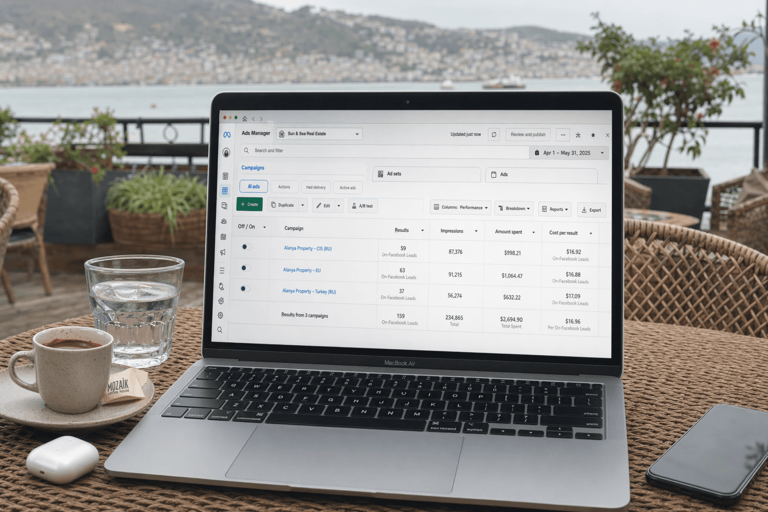 Smart Investment dashboard — MacBook on Turkey cafe table showing Meta Ads Alanya campaigns