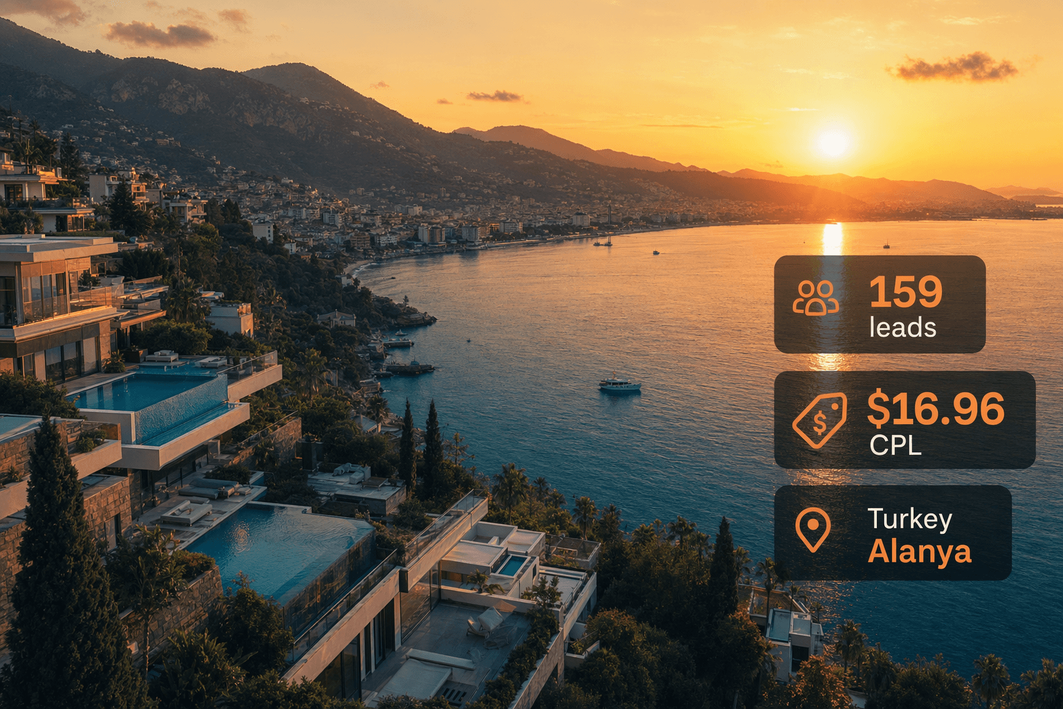 Smart Investment hero — Alanya Mediterranean coast golden hour with Turkey property cards