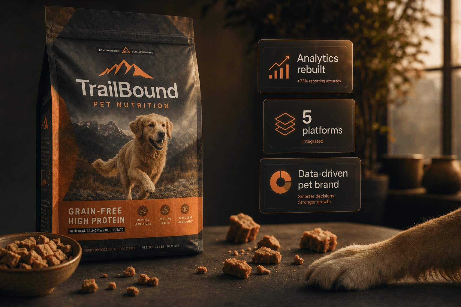 SuperPet hero — pet products product-shoot with analytics metric cards