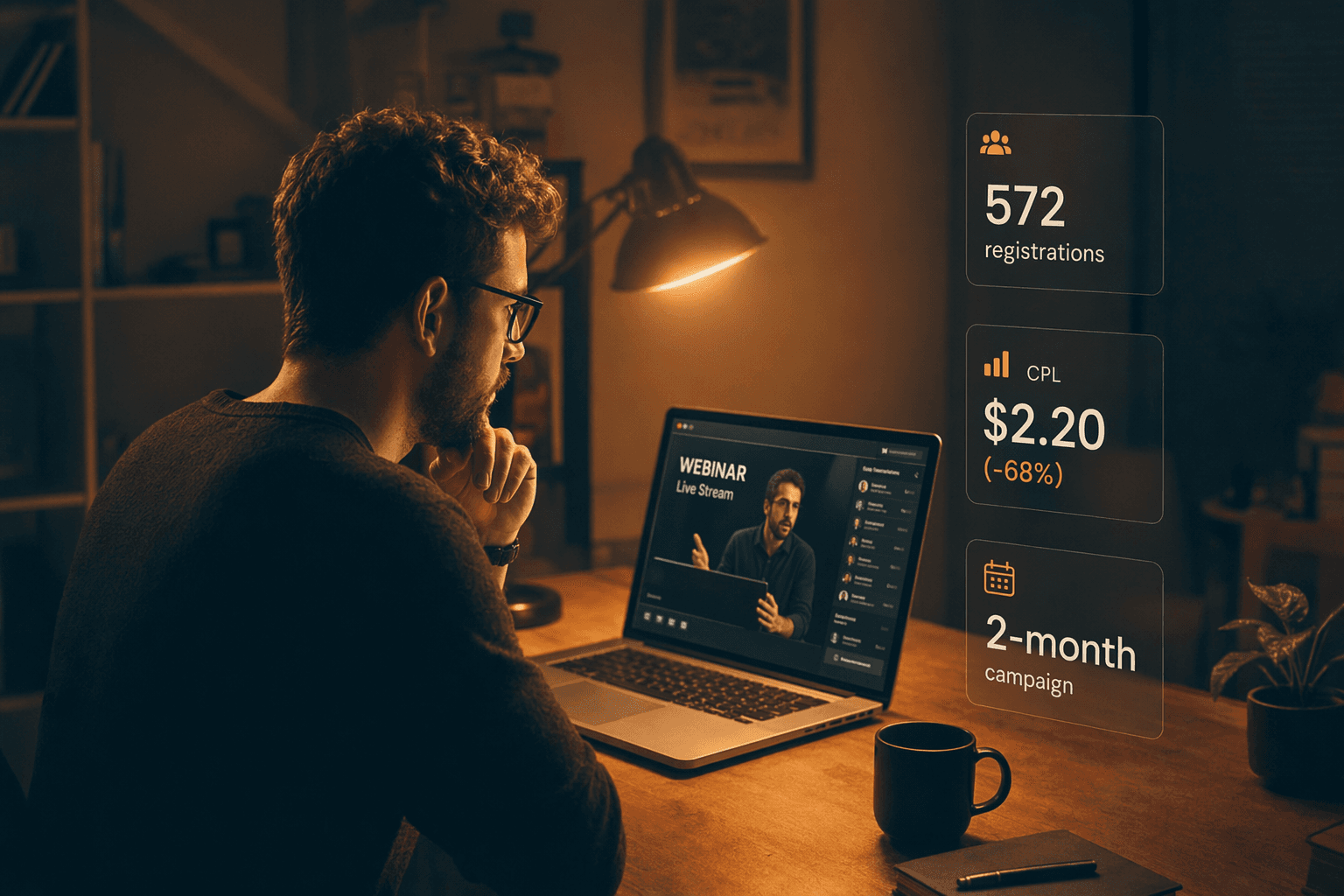 Todoo hero — person at laptop webinar night scene with registration metric cards