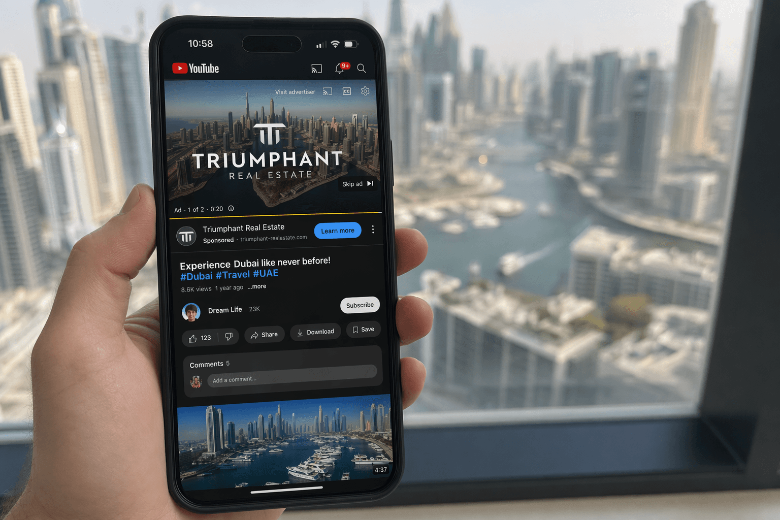 Triumphant Real Estate creative — four omnichannel property ad mockups (Meta/Google/Yandex/YouTube)