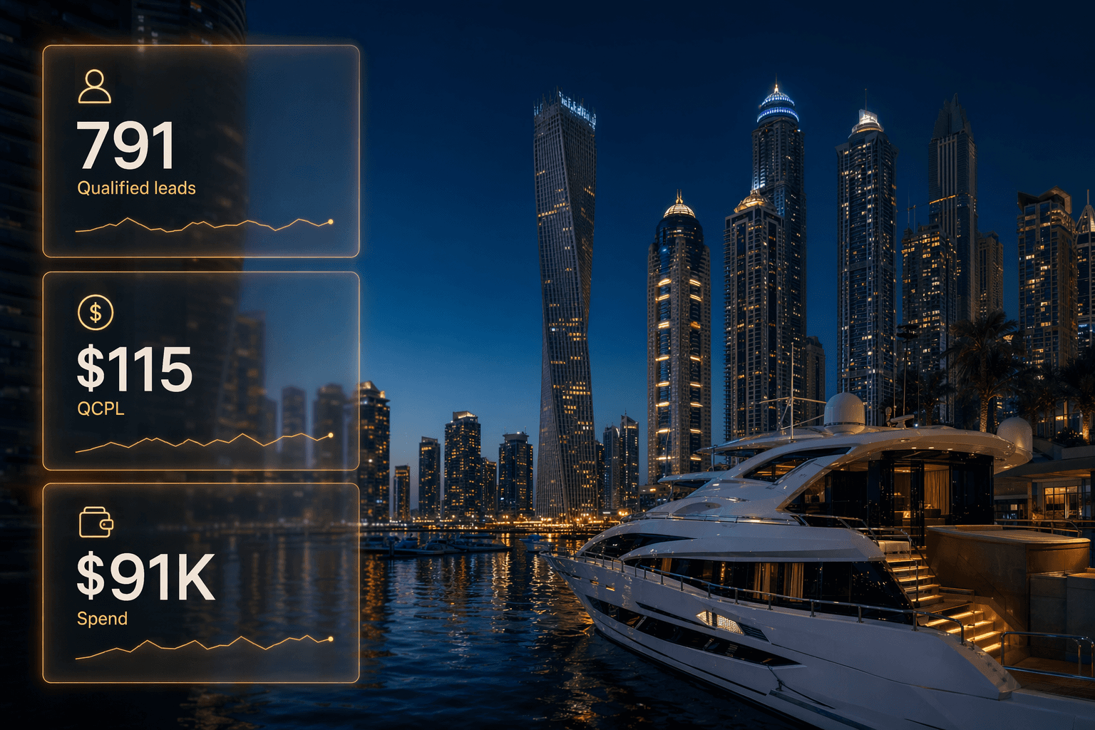 Triumphant Real Estate hero — Dubai Marina with floating 791 qualified and QCPL cards