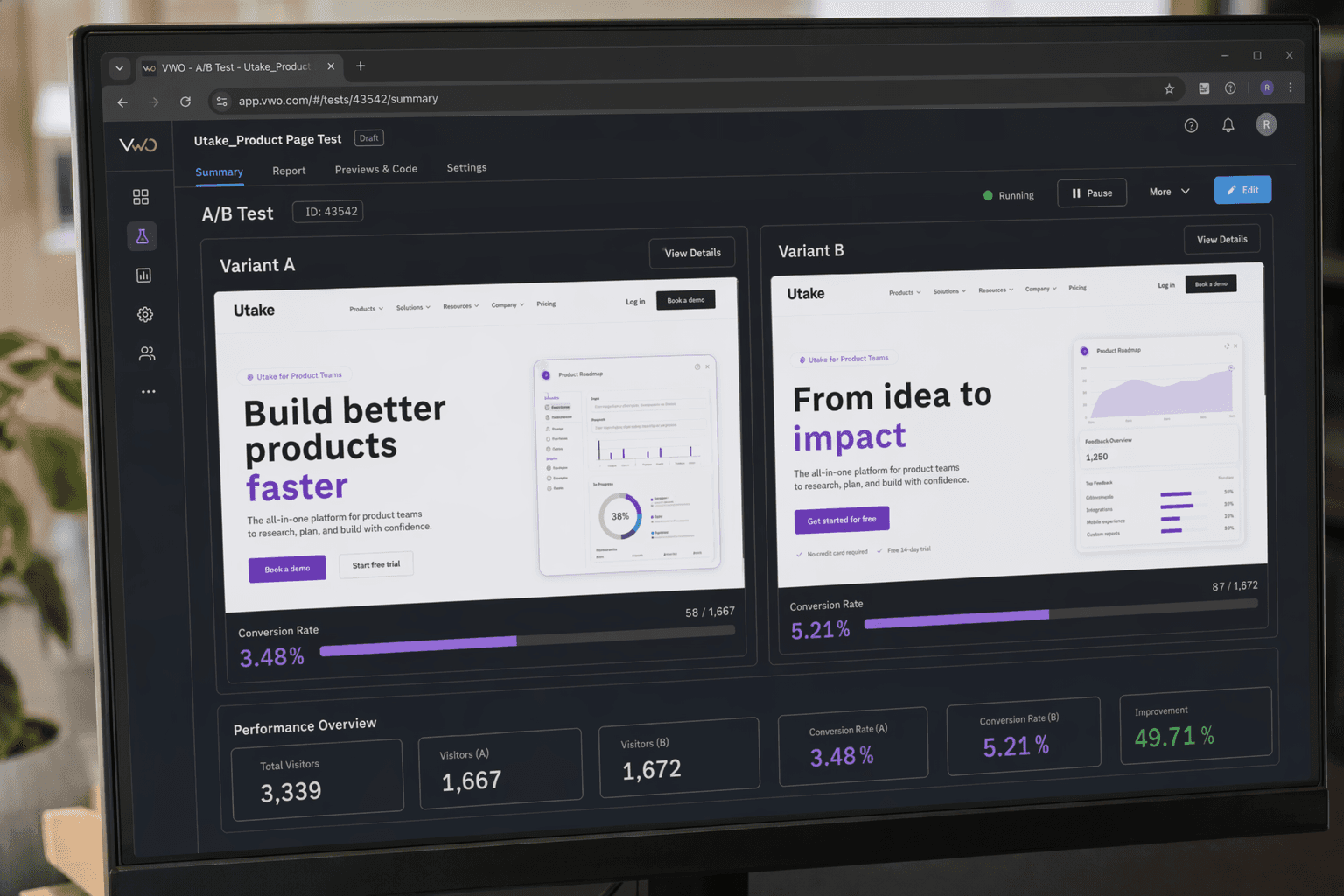 Utake creative — desktop A/B test comparison view for Utake product page