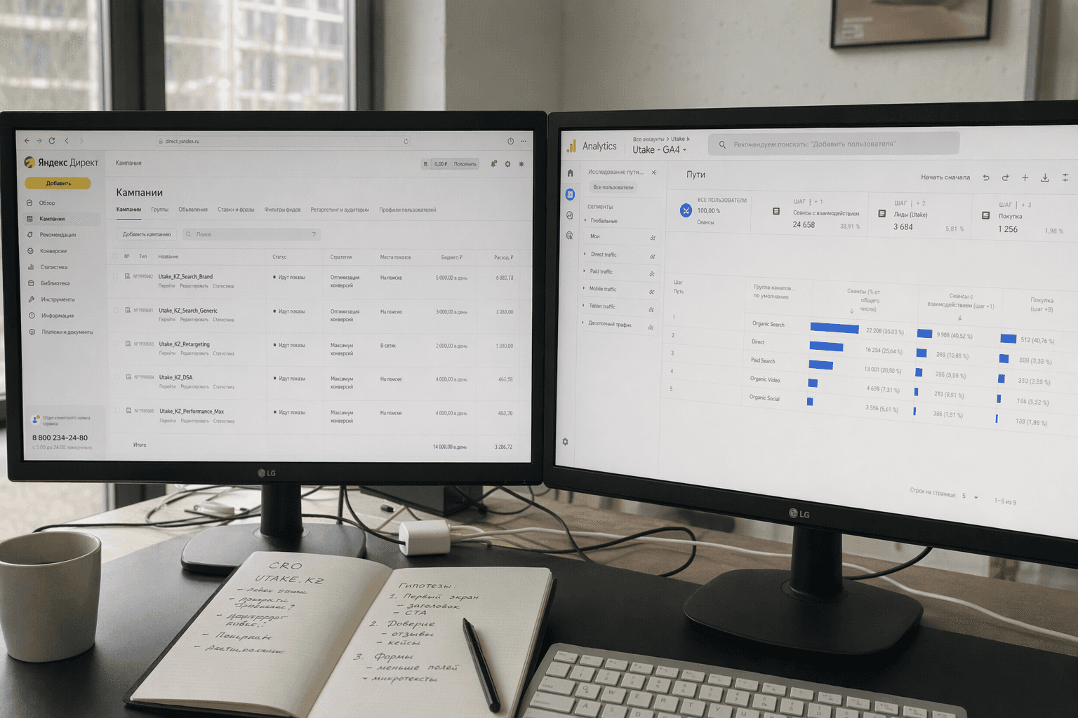 Utake dashboard — dual-monitor Yandex.Direct + GA4 path exploration
