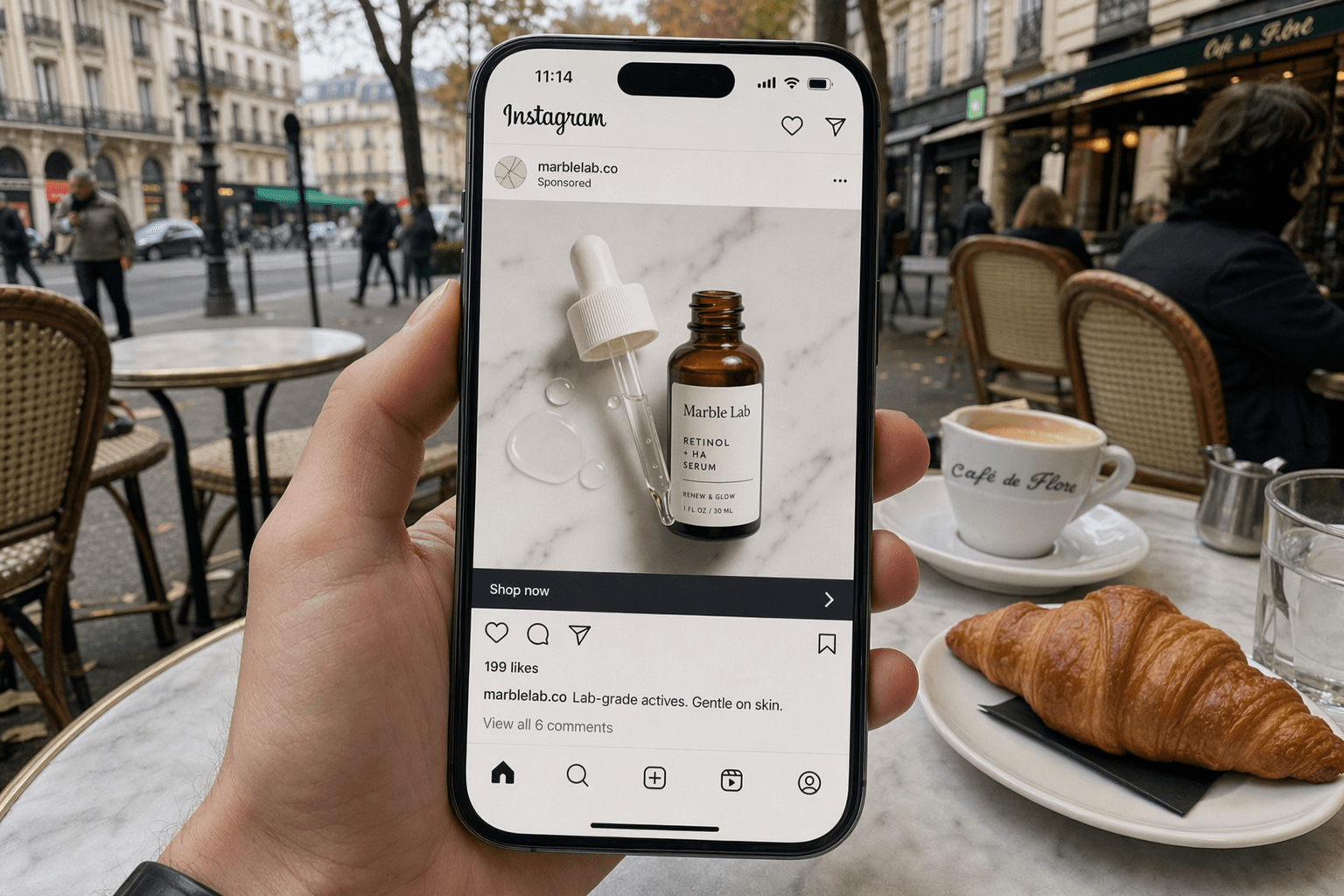 Marble Lab creative — four beauty brand ad mockups (influencer, Russian, European)