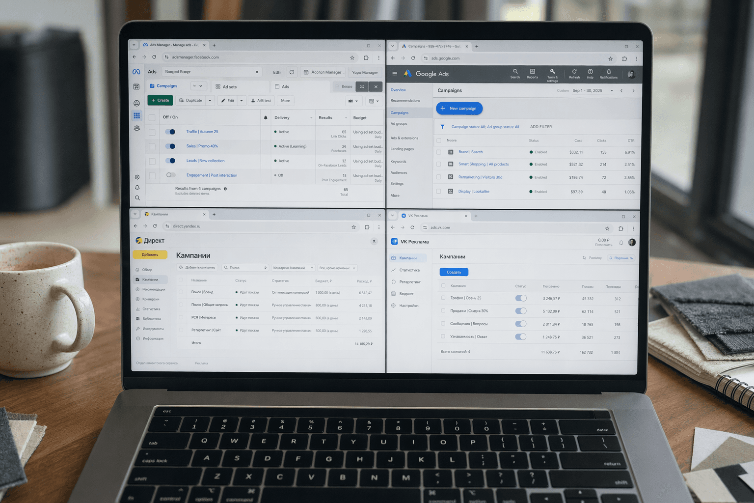 NICEONE dashboard — 4-platform split-screen marketer workstation