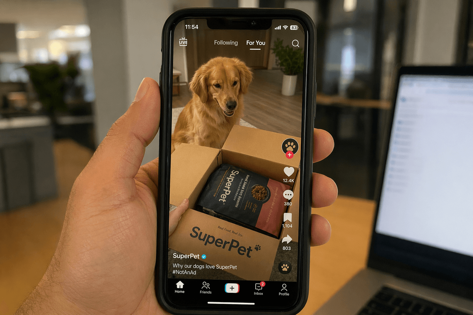 SuperPet creative — iPhone TikTok showing SuperPet pet-food unboxing video